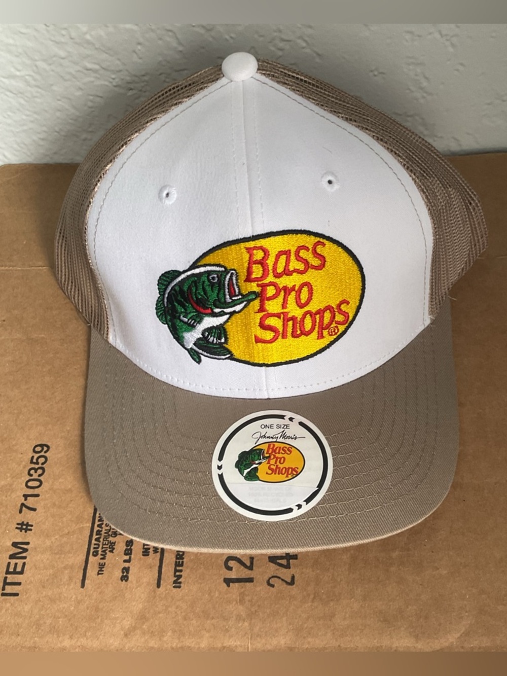 Bass Pro Shops Quickly Embroidery logo. White & Khaki Logo Trucker Cap
